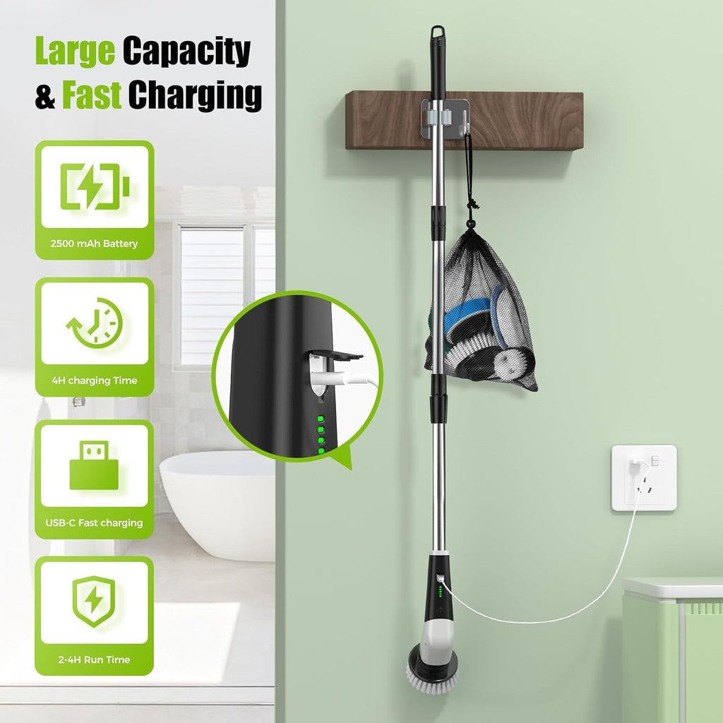 Electric Spin Scrubber- Cordless Electric Cleaning Brush,Shower Scrubber 2 Speeds,8 Brush Heads,Ipx7 Waterproof,Adjustable Long Handle for Bathroom, Tub,Tile,And Car