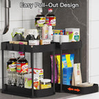 under Sink Storage 2 Tier Sliding Organiser, Multi-Purpose Shelf Organiser, Pull Out Cabinet Basket Drawer with 4 Hooks for Bathroom & Kitchen, 2 Pack(Black)