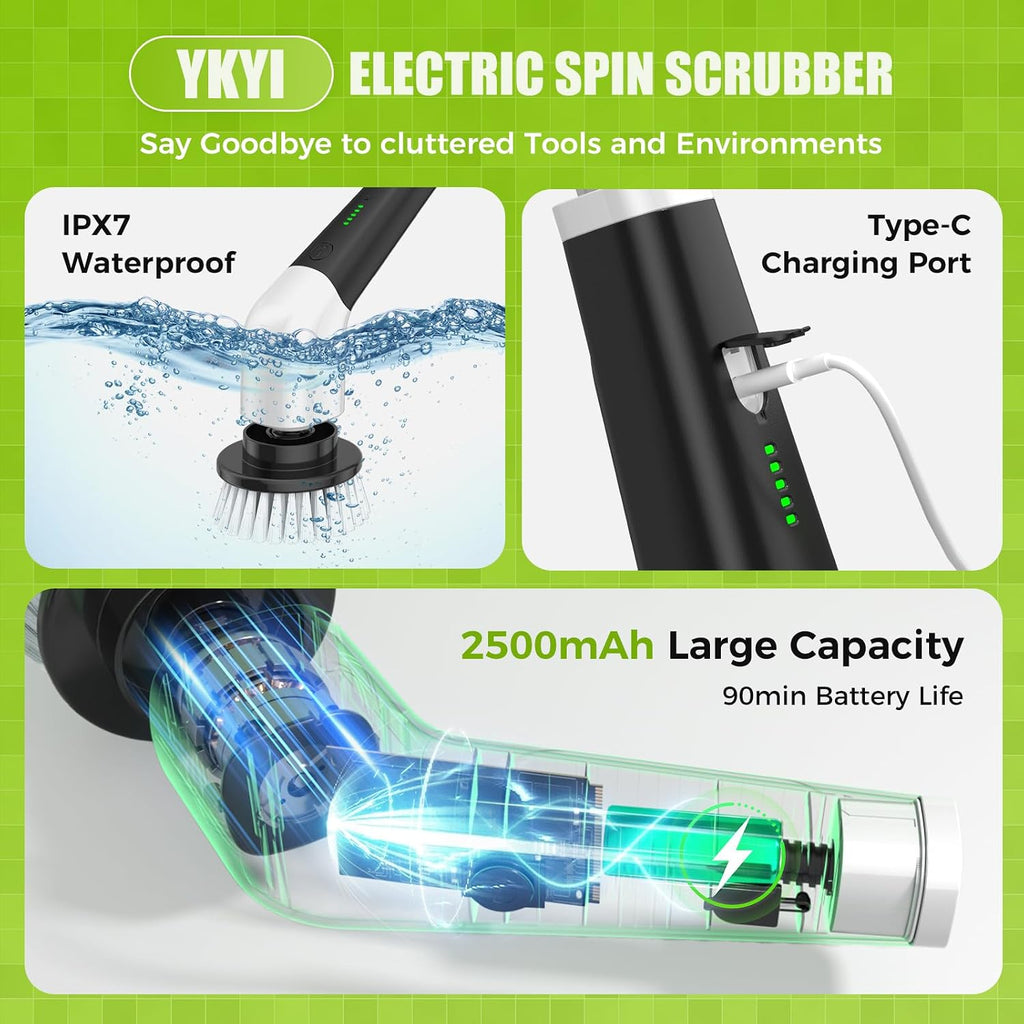 Electric Spin Scrubber- Cordless Electric Cleaning Brush,Shower Scrubber 2 Speeds,8 Brush Heads,Ipx7 Waterproof,Adjustable Long Handle for Bathroom, Tub,Tile,And Car