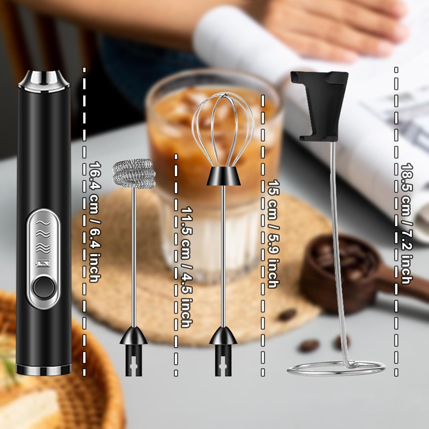 Milk Frother Foamer with Stainless Steel Stand, Rechargeable Electric Milk Frother Handheld Whisk, Drink Mixer for Latte, Cappuccino