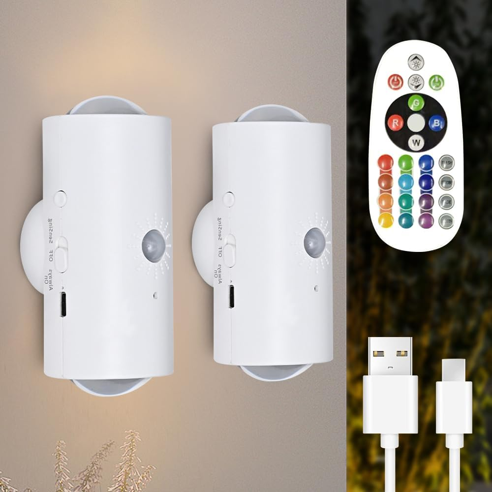 2PCS Motion Sensor Light Indoor, RGB Multi-Color Changing LED Wall Sconces with USB Cable & Remote Control, Rechargeable Wall Lights, 16 Color-Changing for Bedroom Corridor Living Room