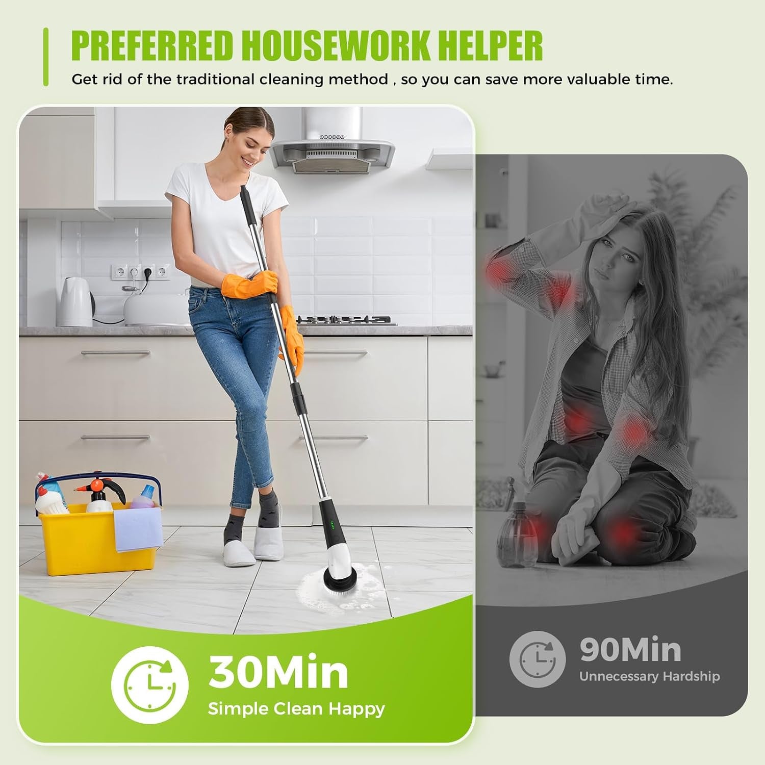 Electric Spin Scrubber- Cordless Electric Cleaning Brush,Shower Scrubber 2 Speeds,8 Brush Heads,Ipx7 Waterproof,Adjustable Long Handle for Bathroom, Tub,Tile,And Car