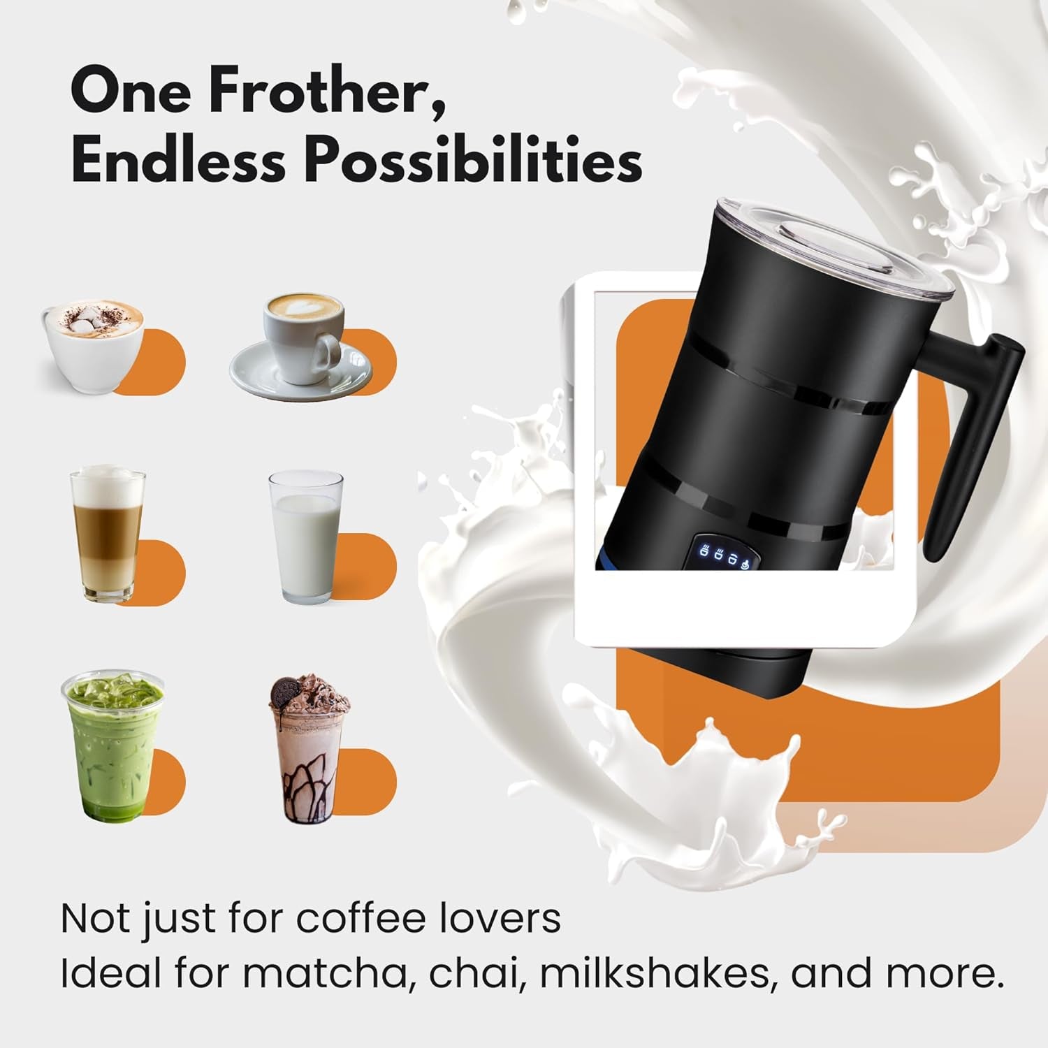 Electric Milk Frother – Professional Automatic Foam Maker for Lattes, Cappuccinos & Hot Chocolates, Stainless Steel, Whisk & Froth in Seconds, Versatile Modes – Ideal for Home & Office Use