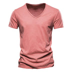 Brand Quality 100% Cotton Men T-Shirt V-Neck Fashion Design Slim Fit Soild T-Shirts Male Tops Tees Short Sleeve T Shirt for Men