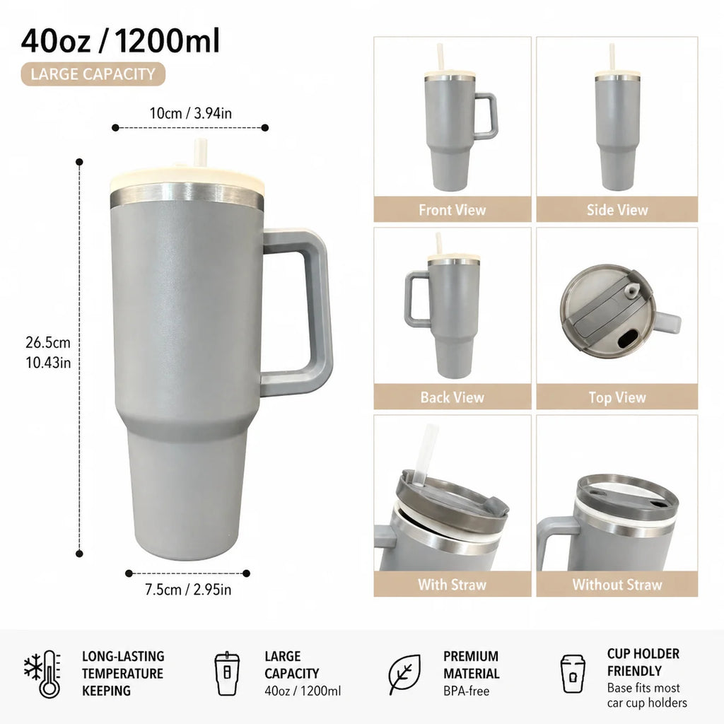 40Oz 1200ML Insulated Tumbler W/Handle & Straw, Double Wall Thermal Cup, Travel Coffee Mug, Gift