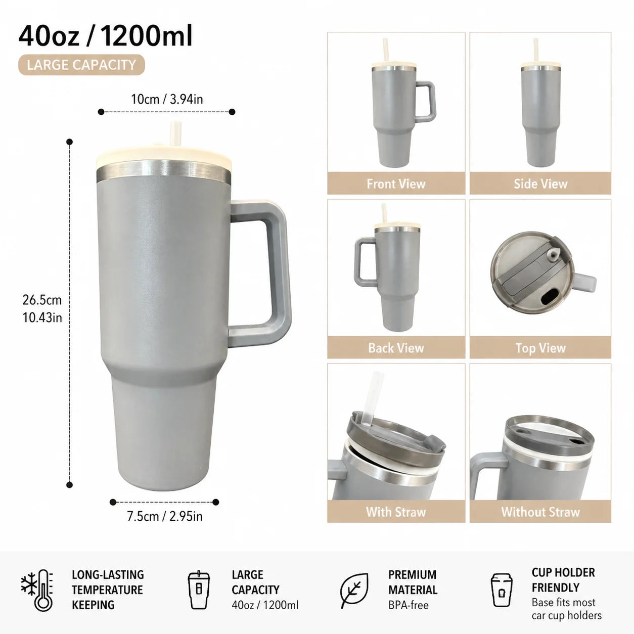 40Oz 1200ML Insulated Tumbler W/Handle & Straw, Double Wall Thermal Cup, Travel Coffee Mug, Gift