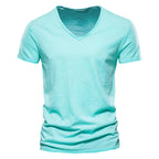 Brand Quality 100% Cotton Men T-Shirt V-Neck Fashion Design Slim Fit Soild T-Shirts Male Tops Tees Short Sleeve T Shirt for Men