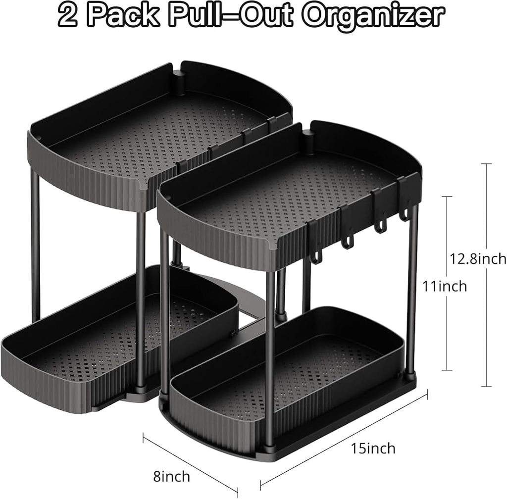 under Sink Storage 2 Tier Sliding Organiser, Multi-Purpose Shelf Organiser, Pull Out Cabinet Basket Drawer with 4 Hooks for Bathroom & Kitchen, 2 Pack(Black)