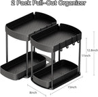 under Sink Storage 2 Tier Sliding Organiser, Multi-Purpose Shelf Organiser, Pull Out Cabinet Basket Drawer with 4 Hooks for Bathroom & Kitchen, 2 Pack(Black)