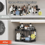 under Sink Storage 2 Tier Sliding Organiser, Multi-Purpose Shelf Organiser, Pull Out Cabinet Basket Drawer with 4 Hooks for Bathroom & Kitchen, 2 Pack(Black)