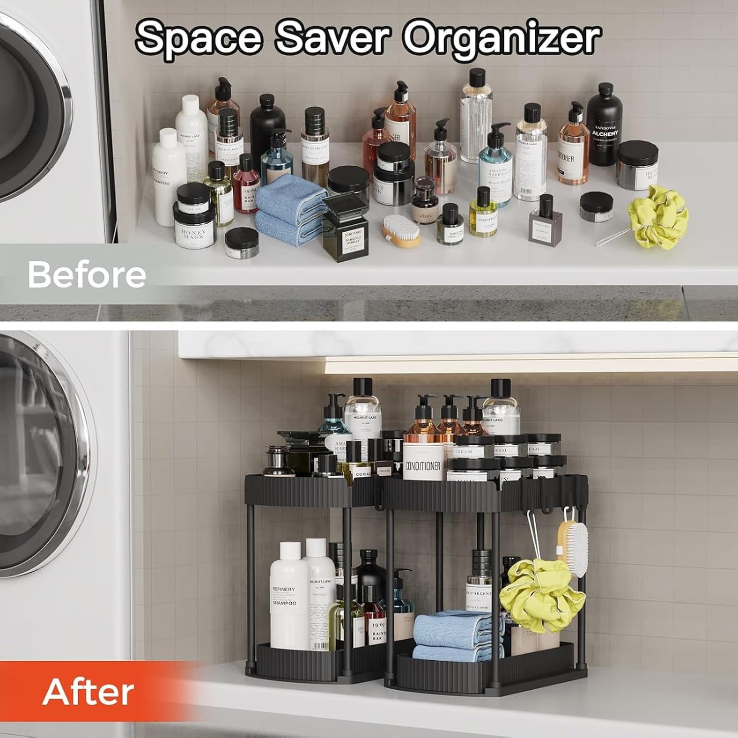 under Sink Storage 2 Tier Sliding Organiser, Multi-Purpose Shelf Organiser, Pull Out Cabinet Basket Drawer with 4 Hooks for Bathroom & Kitchen, 2 Pack(Black)