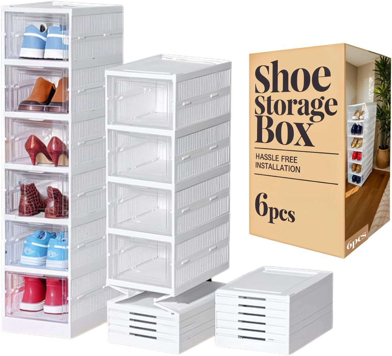 Shoes Storage Box, Installation Free 6PCS Clear Shoe Boxes Stackable Foldable, Storage Organiser for Shoes, Trainers,High Heels,Hallway,Under Bed Shoe Box,Women,Men, Fit up to UK 10