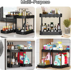 under Sink Storage 2 Tier Sliding Organiser, Multi-Purpose Shelf Organiser, Pull Out Cabinet Basket Drawer with 4 Hooks for Bathroom & Kitchen, 2 Pack(Black)
