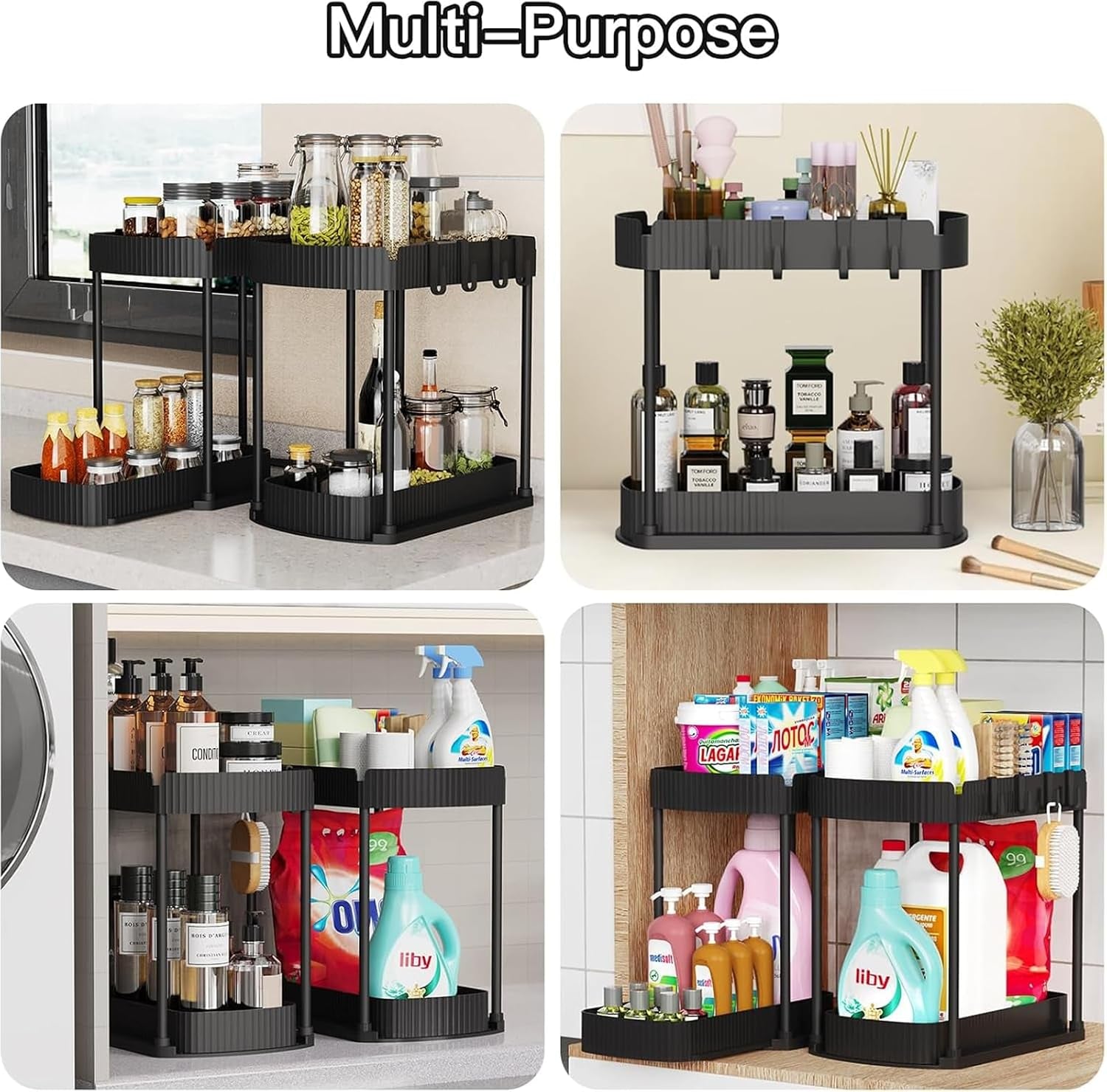 under Sink Storage 2 Tier Sliding Organiser, Multi-Purpose Shelf Organiser, Pull Out Cabinet Basket Drawer with 4 Hooks for Bathroom & Kitchen, 2 Pack(Black)