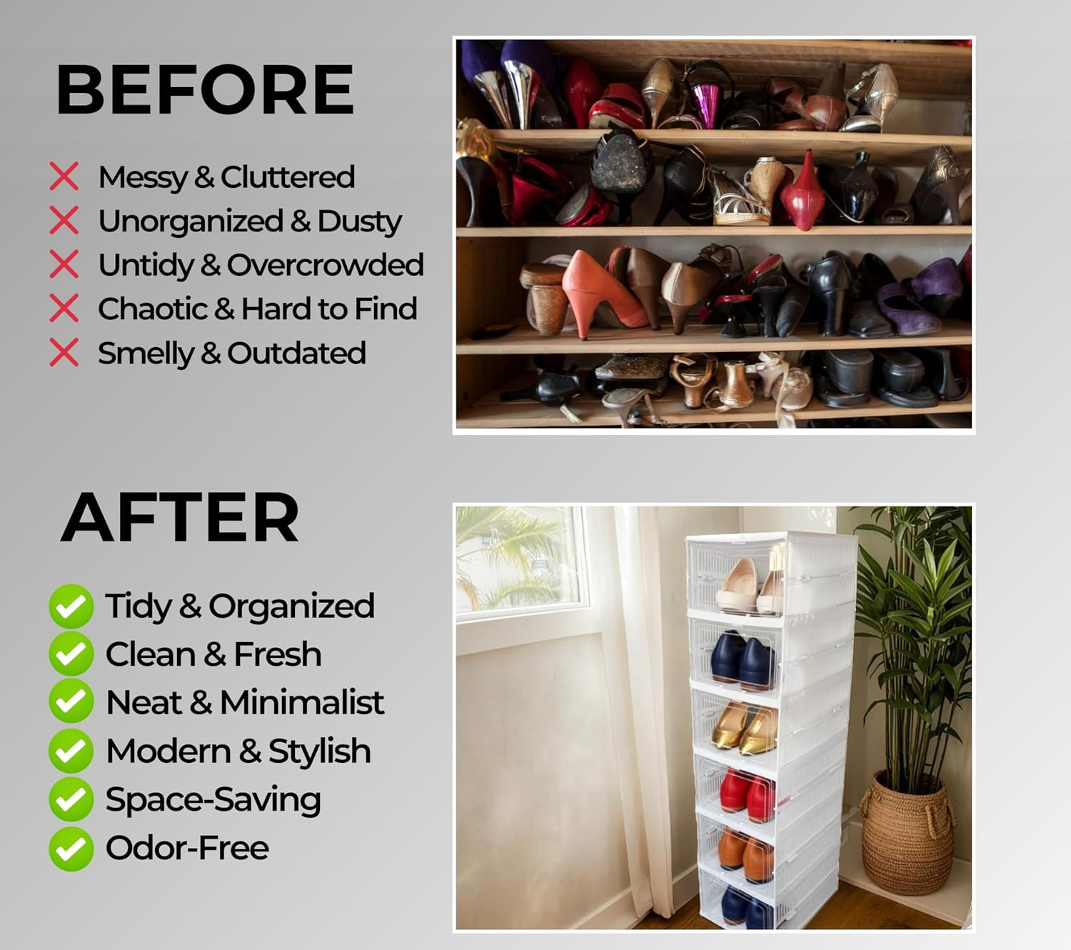 Shoes Storage Box, Installation Free 6PCS Clear Shoe Boxes Stackable Foldable, Storage Organiser for Shoes, Trainers,High Heels,Hallway,Under Bed Shoe Box,Women,Men, Fit up to UK 10