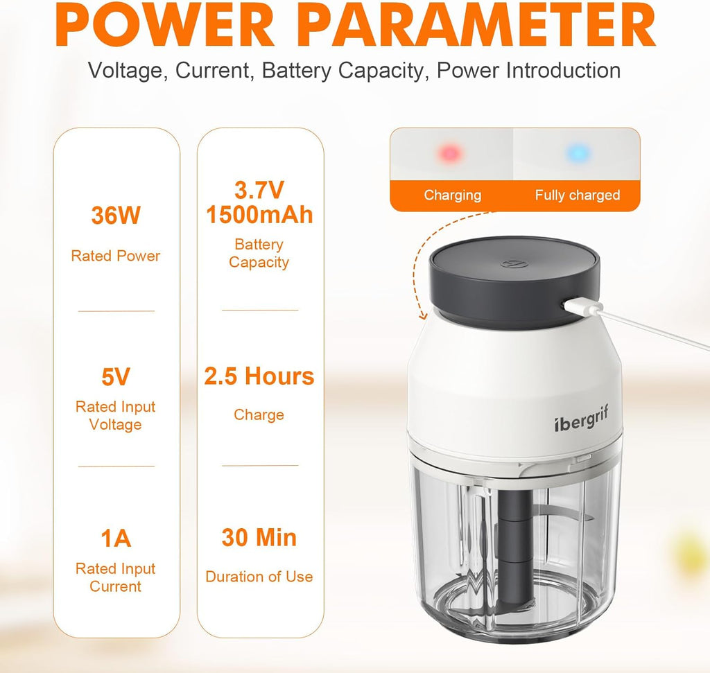M503 Food Chopper Electric, Mini Chopper Food Processor, 400Ml Blender Bowl, One Touch Operation, BPA Free, USB Charging, Portable Food Blender for Chopping Baby Food, Meat, Fruit, Vegetable