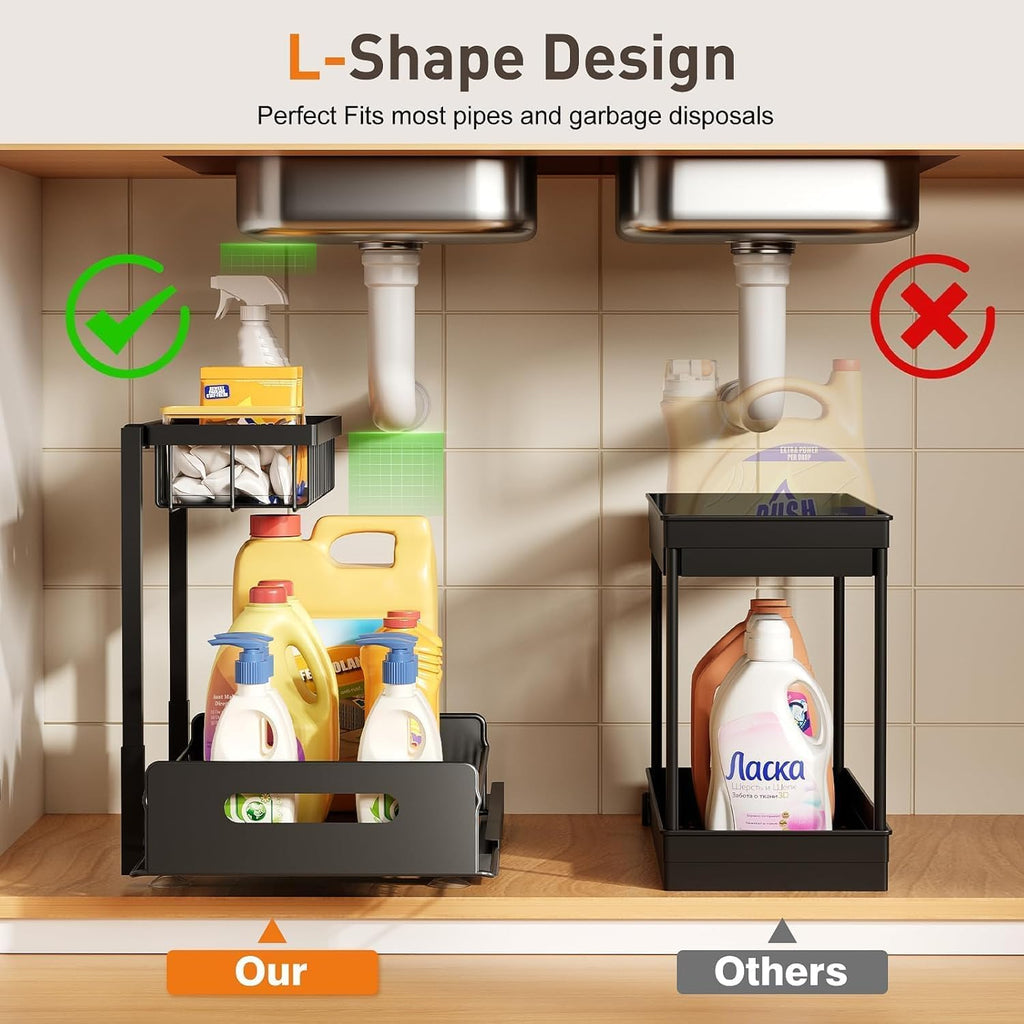 Under Sink Organizer, Pull Out Cabinet Organizer 2-Tier Slide Out Sliding Shelf under Cabinet Storage Multi-Use for under Kitchen Bathroom Sink Organizers and Storage