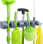 Rectangular Wall Mount Broom Holder and Garden Tool Organizer, 6 Hook and 5 Slot, 43 X 8.5 X 6.2 Cm, Gray