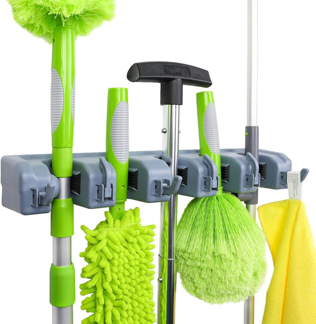 Rectangular Wall Mount Broom Holder and Garden Tool Organizer, 6 Hook and 5 Slot, 43 X 8.5 X 6.2 Cm, Gray Hover Image