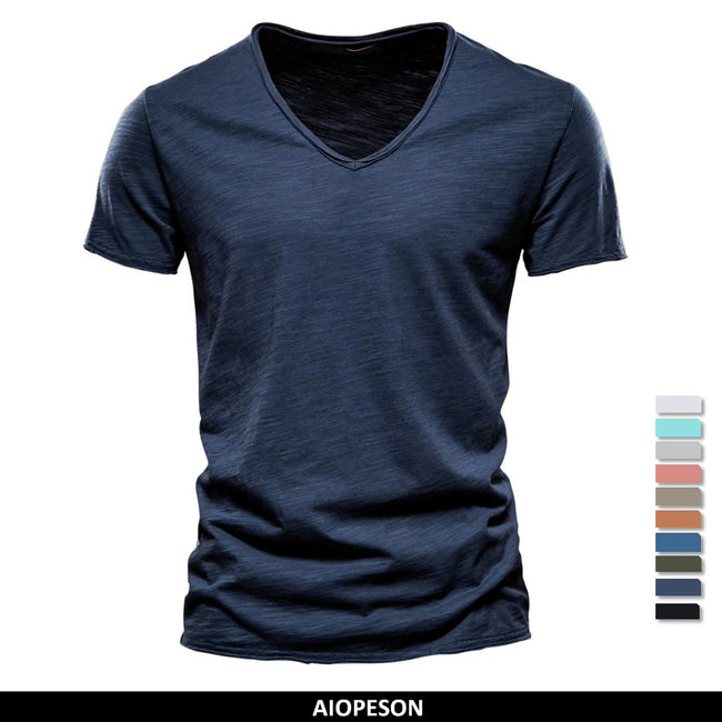 Brand Quality 100% Cotton Men T-Shirt V-Neck Fashion Design Slim Fit Soild T-Shirts Male Tops Tees Short Sleeve T Shirt for Men Main Image