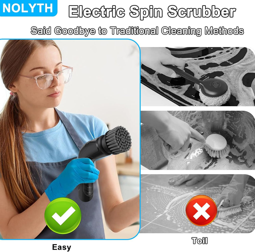 Electric Scrubber Power Spin Scrubber Cordless, Electric Spin Scrubber with 8 Brush Heads 1 Net Bag, Electric Scrubbing Brush 2 Speed, Electric Cleaning Brush for Bathroom Shower Floor Grout