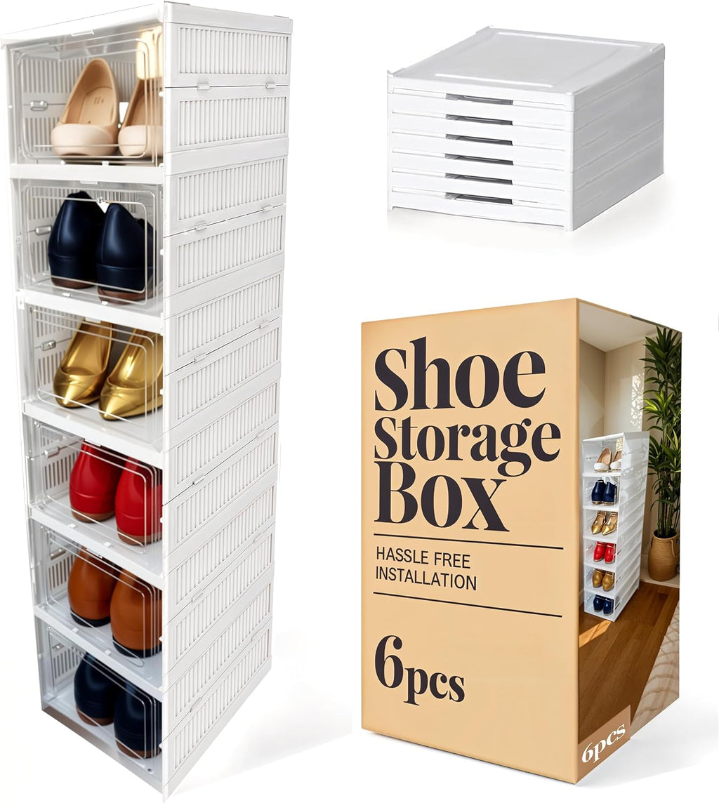 Shoes Storage Box, Installation Free 6PCS Clear Shoe Boxes Stackable Foldable, Storage Organiser for Shoes, Trainers,High Heels,Hallway,Under Bed Shoe Box,Women,Men, Fit up to UK 10