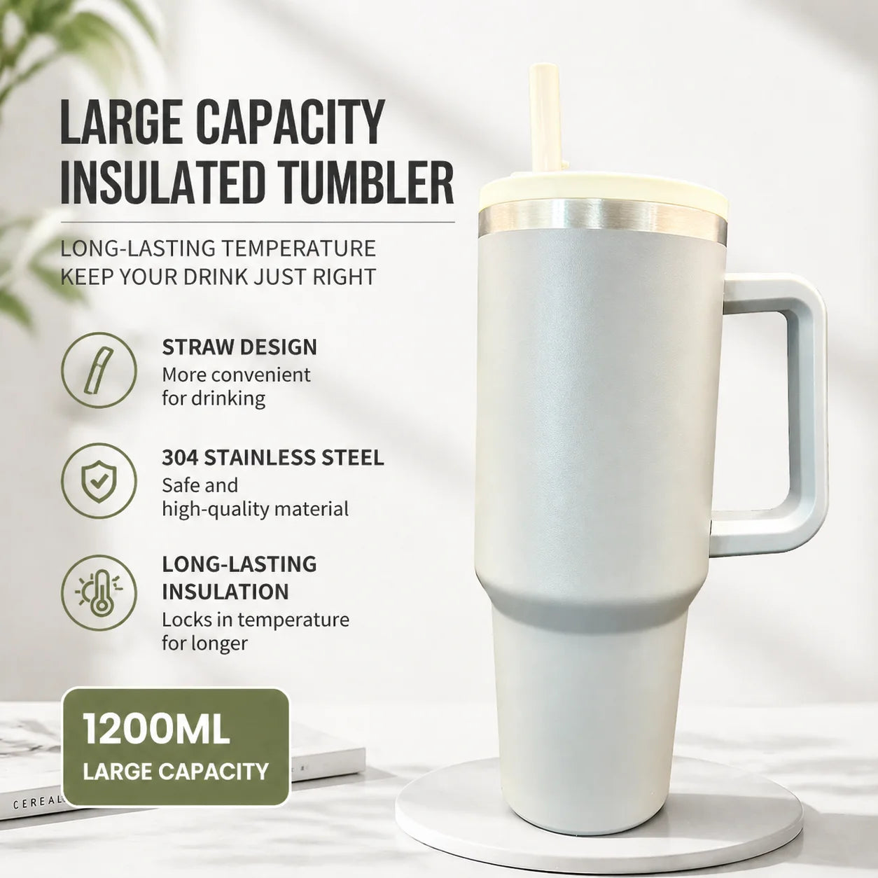 40Oz 1200ML Insulated Tumbler W/Handle & Straw, Double Wall Thermal Cup, Travel Coffee Mug, Gift