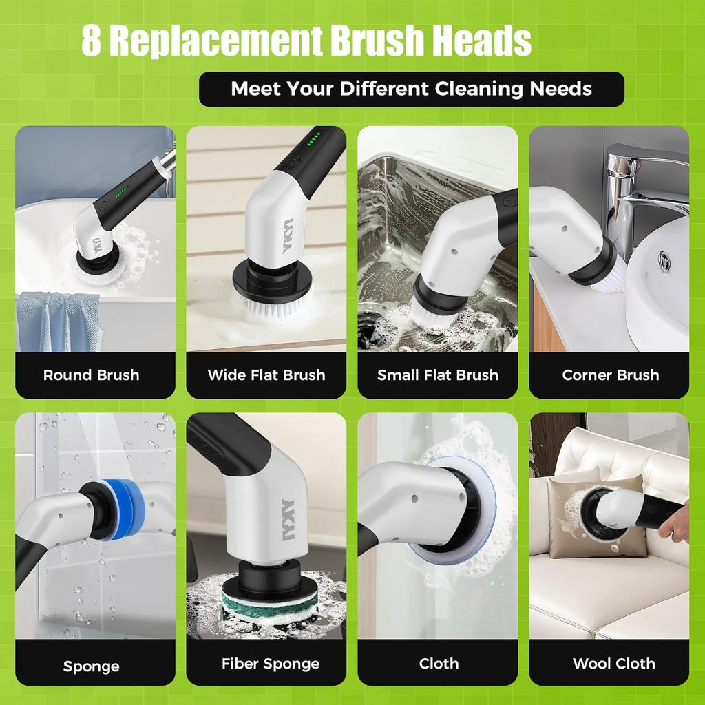 Electric Spin Scrubber- Cordless Electric Cleaning Brush,Shower Scrubber 2 Speeds,8 Brush Heads,Ipx7 Waterproof,Adjustable Long Handle for Bathroom, Tub,Tile,And Car