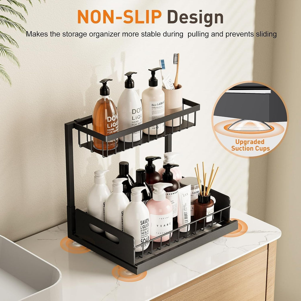 Under Sink Organizer, Pull Out Cabinet Organizer 2-Tier Slide Out Sliding Shelf under Cabinet Storage Multi-Use for under Kitchen Bathroom Sink Organizers and Storage