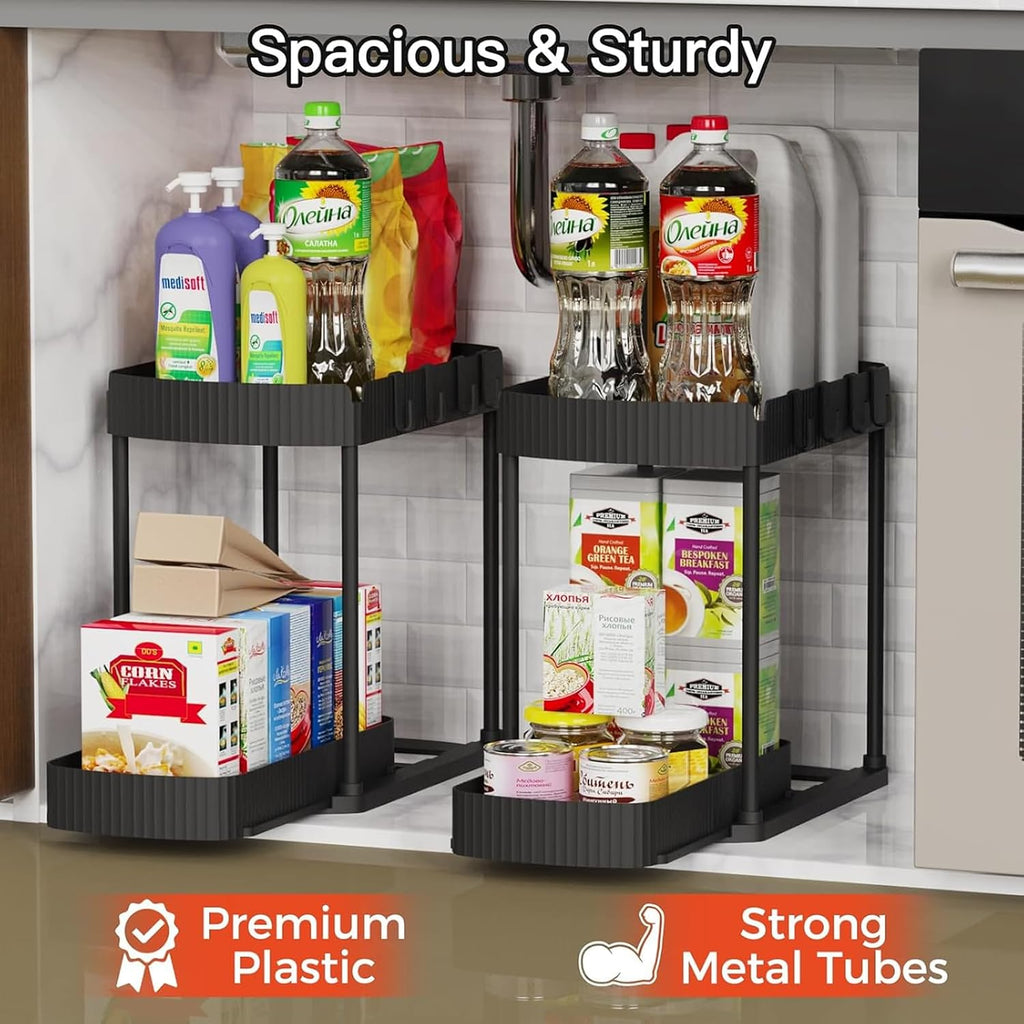under Sink Storage 2 Tier Sliding Organiser, Multi-Purpose Shelf Organiser, Pull Out Cabinet Basket Drawer with 4 Hooks for Bathroom & Kitchen, 2 Pack(Black)