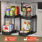 under Sink Storage 2 Tier Sliding Organiser, Multi-Purpose Shelf Organiser, Pull Out Cabinet Basket Drawer with 4 Hooks for Bathroom & Kitchen, 2 Pack(Black)