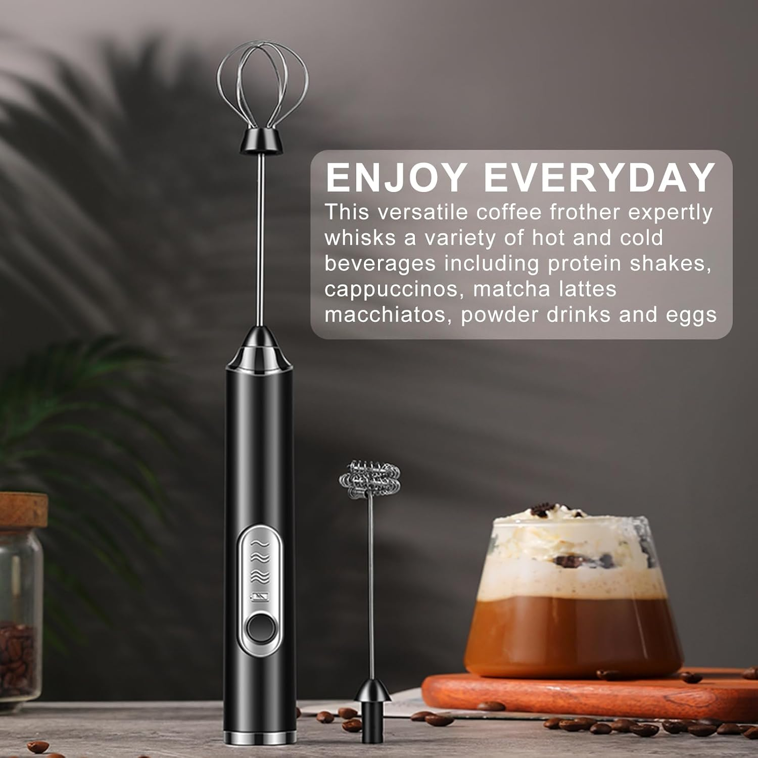 Milk Frother Foamer with Stainless Steel Stand, Rechargeable Electric Milk Frother Handheld Whisk, Drink Mixer for Latte, Cappuccino