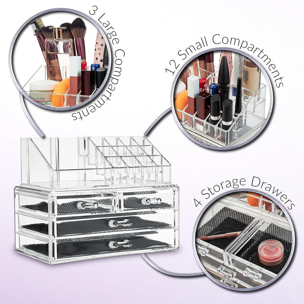 Make up Organiser for Women Teenagers Acrylic Drawers Makeup Storage 12Cm X 24Cm X 22Cm Clear Bathroom Bedroom Dressing Table Organiser Jewellery Beauty Skincare 4 Tier Cosmetic Storage Box