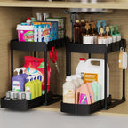 under Sink Storage 2 Tier Sliding Organiser, Multi-Purpose Shelf Organiser, Pull Out Cabinet Basket Drawer with 4 Hooks for Bathroom & Kitchen, 2 Pack(Black)